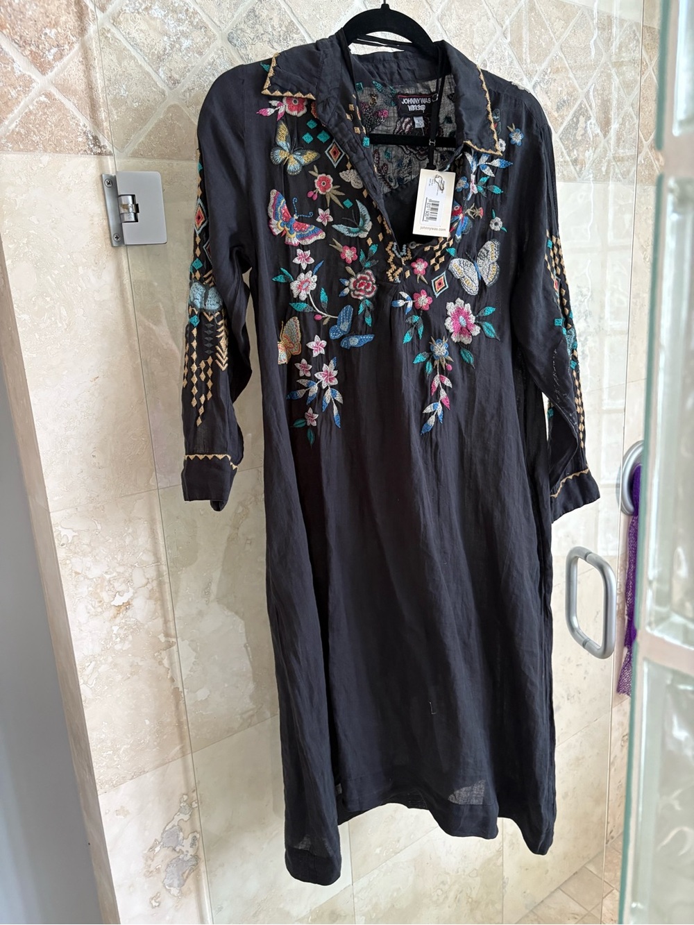 Johnny Was Black Embroidered Floral Tunic Dress